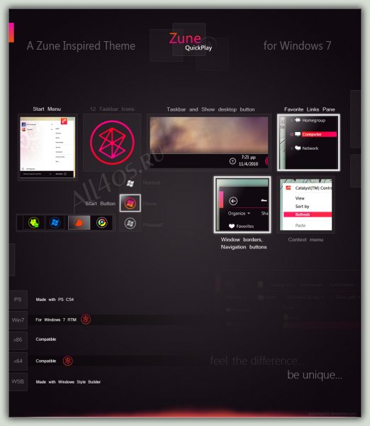 Zune QuickPlay - необычная темная тема для Windows 7