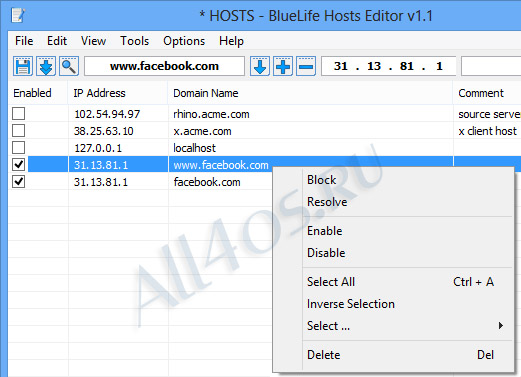 BlueLifeHosts editor - программа для редактирования файла hosts