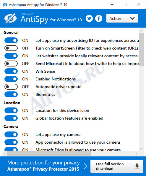 AntiSpy for Windows 10 - бесплатный антишпион для Windows 10