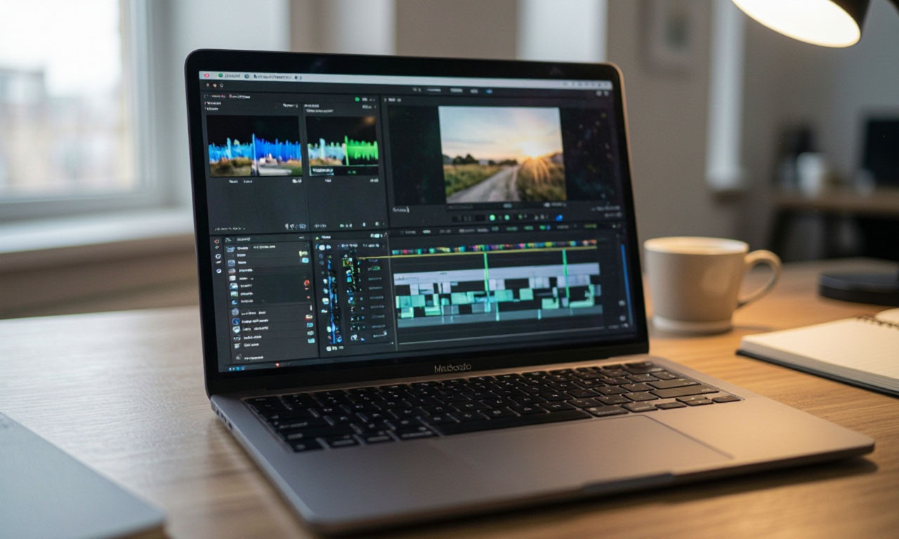 Современный Apple MacBook Pro, экран с интерфейсом программы для видеомонтажа